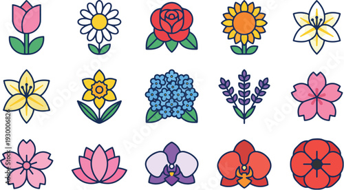 A vibrant collection of various stylized flower icons, featuring simple flat designs for different botanical species like tulips, roses, sunflowers, and orchids.