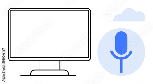 Artificial intelligence, voice recognition, cloud computing, digital tools, technology services, online interaction. A monitor with a microphone symbol and cloud. Artificial intelligence and voice