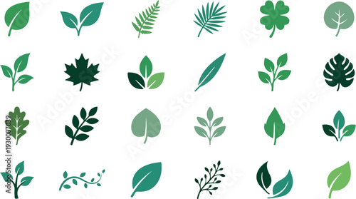 A collection of various green leaf icons and silhouettes, showcasing different shapes and types of foliage designs for nature-themed graphic resources.