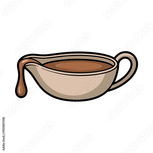 Brown gravy overflows from a ceramic sauce boat illustrating rich culinary flavors for holiday meals.