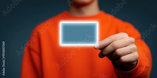 Young person holding glowing digital id card in urban setting conceptual image view