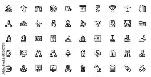 Teamwork icon set. Business vector icons pack. Includes visionary, achievement, meeting, strategy, growth, leadership, synergy and more. Editable stroke.