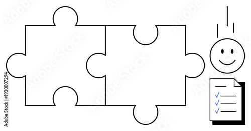 Collaboration concept. Two puzzle pieces and a checklist teamwork, planning, and goal setting. Collaboration in project management, problem-solving, business planning, education, and process