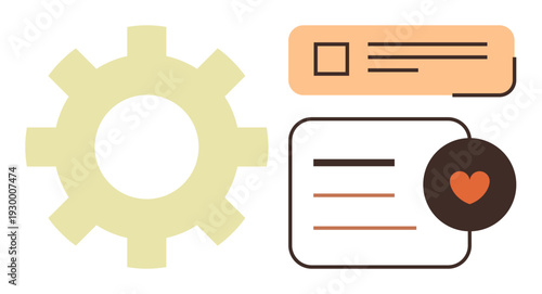 Workflow, user experience, system development, productivity tools, user interface, support mechanisms. A gear, heart icon and interface elements. Workflow and user experience concept