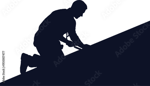 Minimalist Silhouette of a Technician in Helmet Installing Solar Panels on a Roof