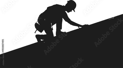 Minimalist Silhouette of a Technician in Helmet Installing Solar Panels on a Roof