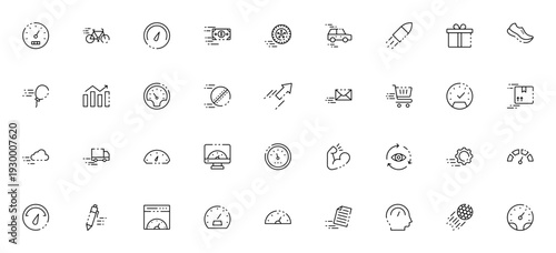 Speed icon set. Vector symbols for speedometer, rocket, delivery, sports, finance, and more. Minimal line icons pack.
