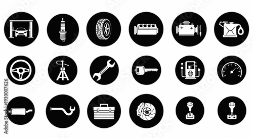 Automotive Repair and Service Icons Set Essential Symbols for Car Maintenance, Garage Work, and Vehicle Mechanics - Vector Collection