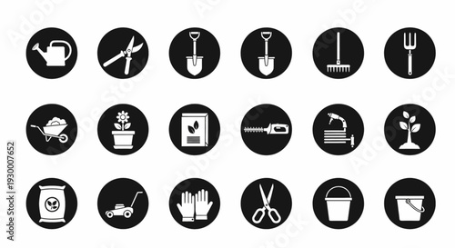Essential Gardening Tools and Equipment Icon Set for Cultivation, Planting, and Maintenance Projects in Gardens and Outdoor Spaces