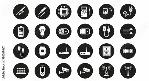 Essential Technology and Electronics Icons Collection Featuring Diverse Digital Devices, Network Components, and Power Solutions