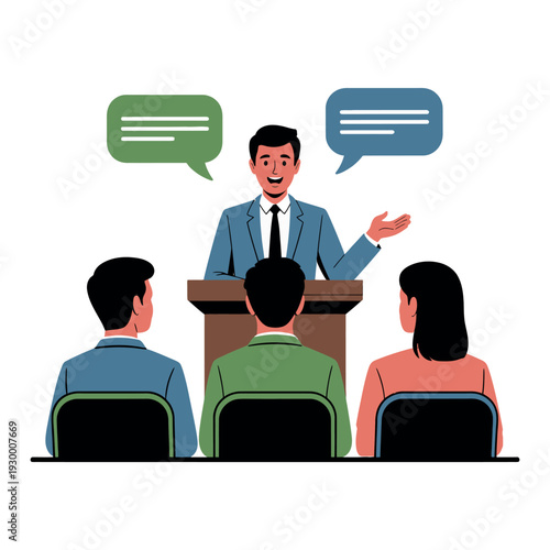Businessman addresses an audience from a podium with speech bubbles indicating active presentation.
