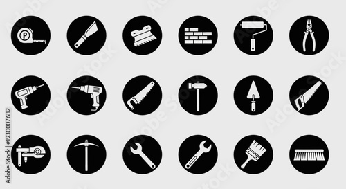 Essential vector icon collection of diverse construction and repair tools for building, maintenance, and home improvement projects, ideal for various professional and DIY applications