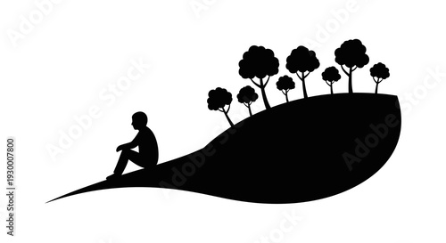 Serene silhouette of a person sitting on a hill with trees.