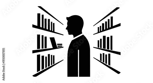 Man surrounded by books on shelves in a minimalist design.