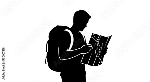 Silhouette of a man with a backpack holding a map.