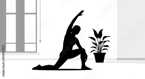 Woman Practicing Yoga in a Serene White Room with a Potted Plant.