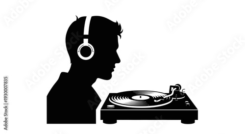 DJ silhouette with headphones and record player.