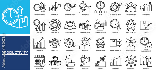 Productivity icon set collection. Containing statistics, increase, efficiency, profit, progress, improvement, leader .Line vector icons collection
