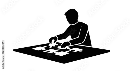 Man solving a jigsaw puzzle on a flat surface.