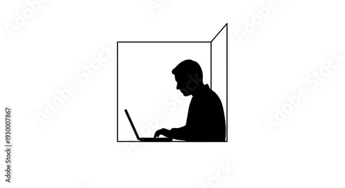 Silhouette of a person working on a laptop in a minimalist room.