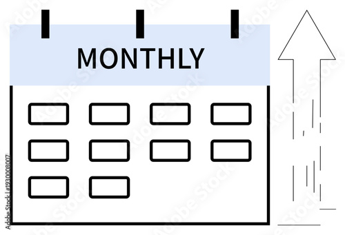Planning, goal setting, scheduling, business growth, financial management, time management. Calendar labeled Monthly with growth arrow pointing upward. Planning and goal setting concept