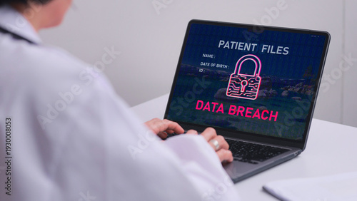 Tableau sur toile Concerned healthcare doctor looks at laptop screen warning about patient files d
