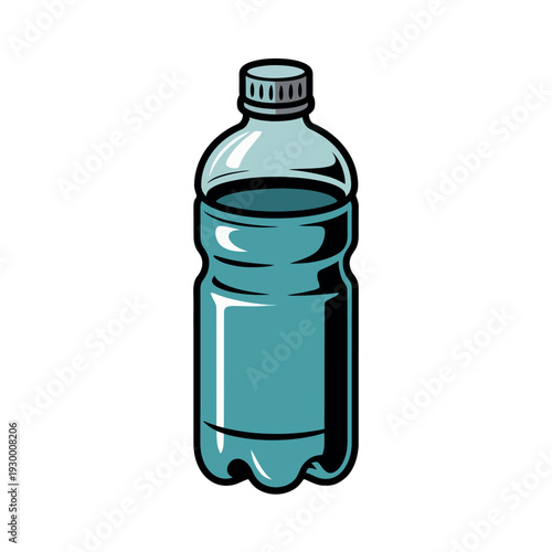 Single stylized illustration of a clear plastic water bottle with blue liquid and a ribbed cap isolated.
