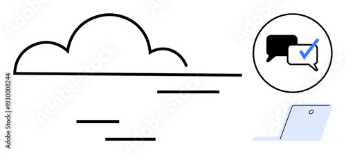 Cloud with horizontal lines, message bubble with checkmark showing notification, and laptop. Ideal for communication, technology, networking, cloud services, teamwork, productivity remote work