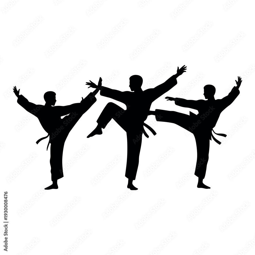 Fototapeta premium Three martial arts silhouettes perform dynamic high kicks in synchronized defensive combat training.