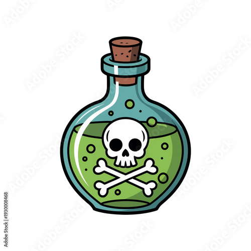 Poison skull and crossbones liquid in a glass potion bottle signifies hazardous danger on a white.