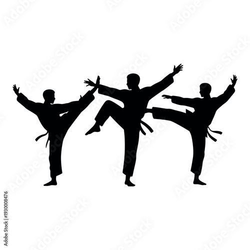 Three martial arts silhouettes perform dynamic high kicks in synchronized defensive combat training.