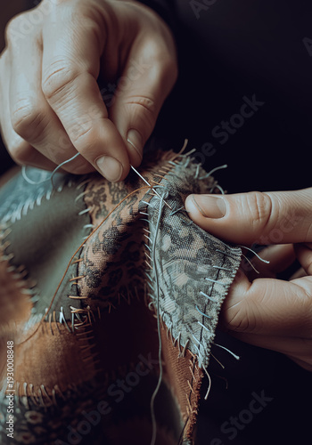 Close Up of Hands Sewing Fabric with Needle and Threadsewing, hand sewing, needle and thread, tailoring, craftsmanship, handmade, textile, fabric, stitching, repair, clothing repair, fashion industry
