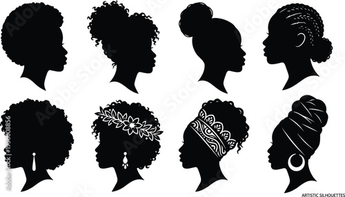 Artistic African women silhouette collection with diverse natural hairstyles, cultural headwraps and accessories, black female profile illustration set