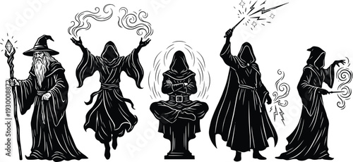 Fantasy wizard silhouette collection with magical spells, hooded sorcerer characters casting lightning and fire, dark mystical illustration isolated on white