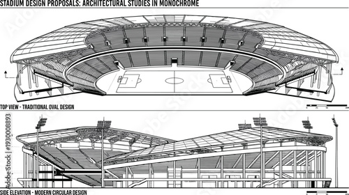 Monochrome stadium design blueprint with top view and side elevation, modern circular arena architecture concept, detailed architectural drawing illustration