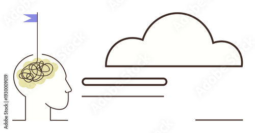 Mental health, thought organization, brainstorming, creativity, problem solving, cognitive therapy. Head with tangled brain and flag next to a cloud. Mental health and thought organization concept