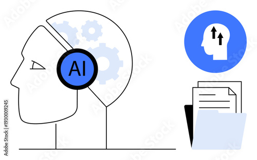 Artificial intelligence concept. Artificial intelligence ed by a human head with gears, AI text, and data sharing icons. Artificial intelligence for machine learning, automation, analytics, data