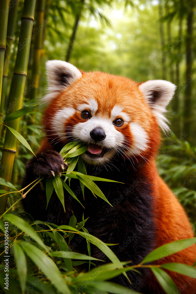 Fototapeta premium Adorable Red Panda Eating Green Bamboo Leaves in a Lush Forest Jungle