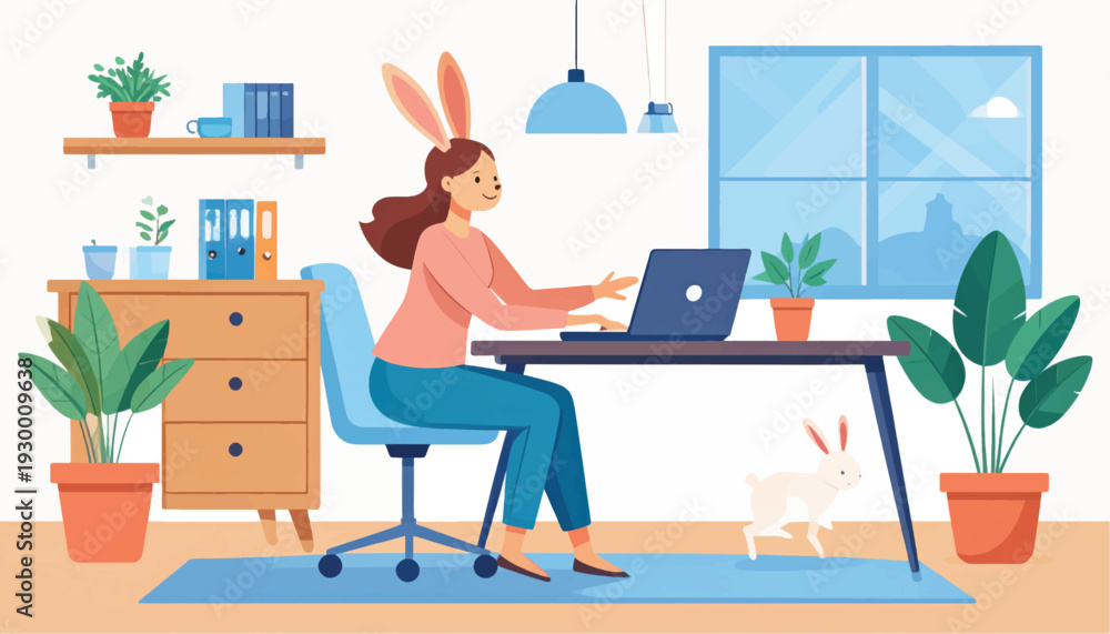 Fototapeta premium Woman Wearing Bunny Ears Working on Laptop.