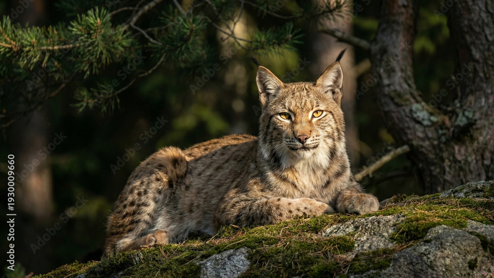 Obraz premium Beautiful Eurasian lynx resting on a mossy rock in the dark forest