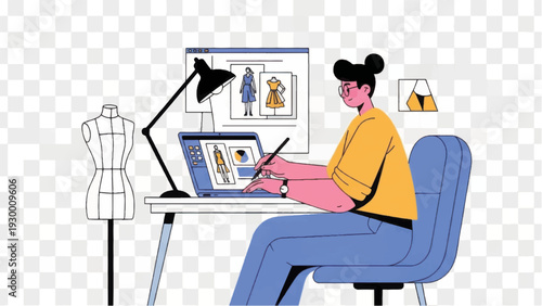 Woman Designing Clothes on Laptop at Desk.