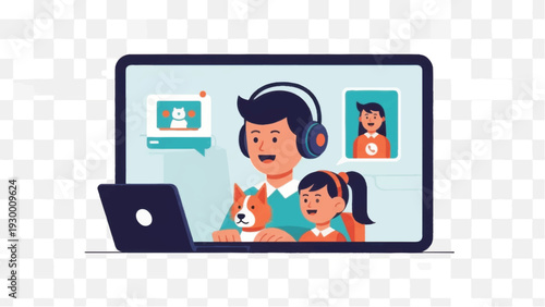 Woman and Girl Video Calling with Dog.