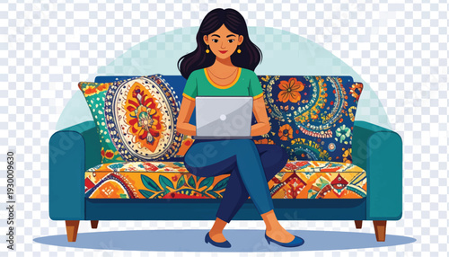 Woman Sitting on Couch Using Laptop.