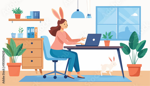 Woman Wearing Bunny Ears Working on Laptop.