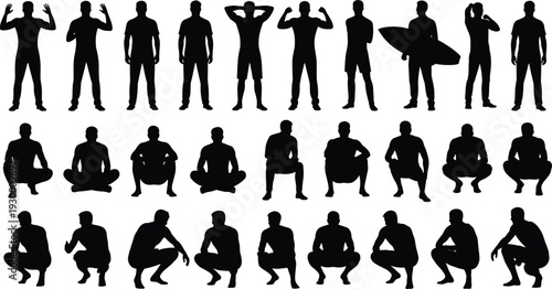 Collection of Male Silhouette Figures Showing Standing, Sitting, Squatting and Surfboard Poses Isolated on White Background for Design, Reference and Stock Illustration Use