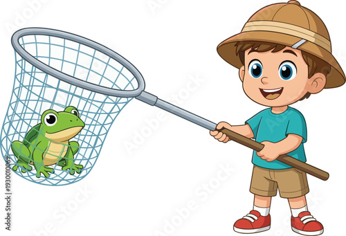 Cute Cartoon Boy Catching Green Frog with Net, Happy Child Explorer Character in Summer Outfit, Wildlife Adventure Illustration Isolated on White Background