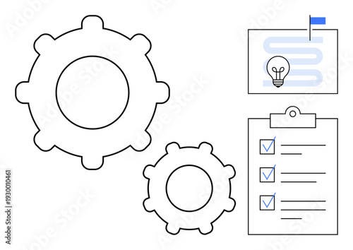 Workflow optimization concept. Workflow design elements including gears, checklist, and process map. Workflow enhancing productivity and efficiency. For project management, business strategy