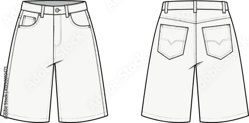Front and Back View of Classic Denim Shorts Technical Drawing, Blue Outline Fashion Flat Sketch with Pockets, Belt Loops and Stitching Details for Apparel Design