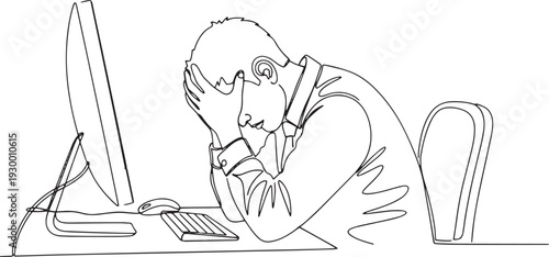 Stressed man sitting at computer desk. Minimal line art of burnout and fatigue.