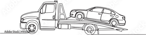 Continuous line art of tow truck carrying broken car isolated on white